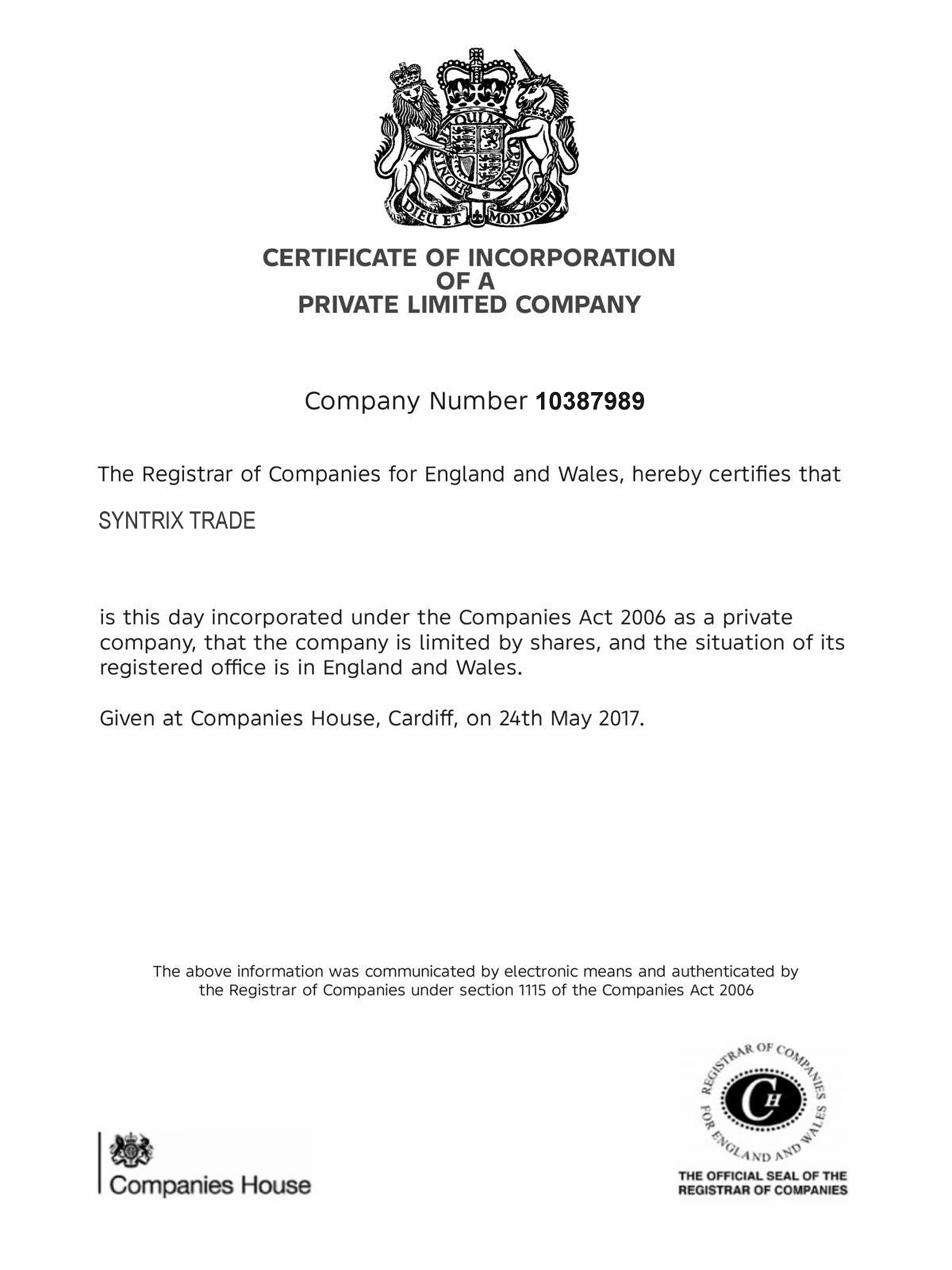 Official Company Certificate
